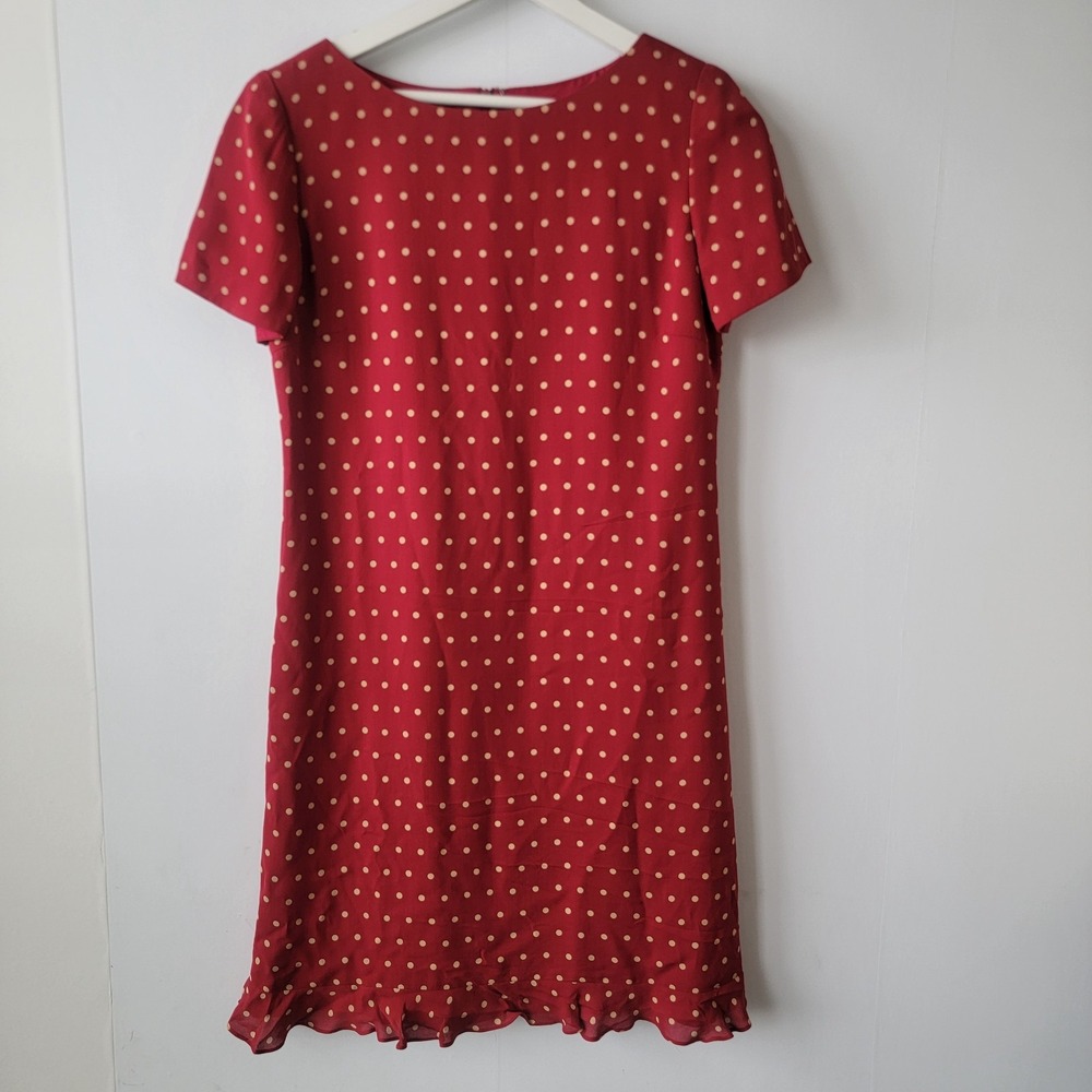 Talbots women's red 100% silk polka-dot dress size 6 ruffled hem classic lined